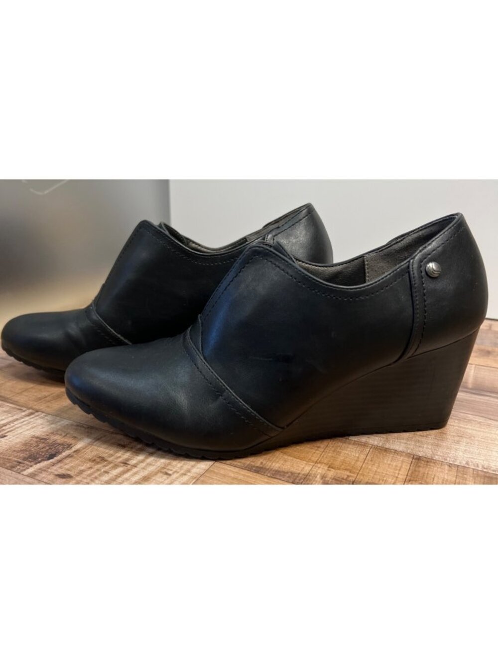 LifeStride Soft System Womens Black Leather Wedge Bootie 9.5